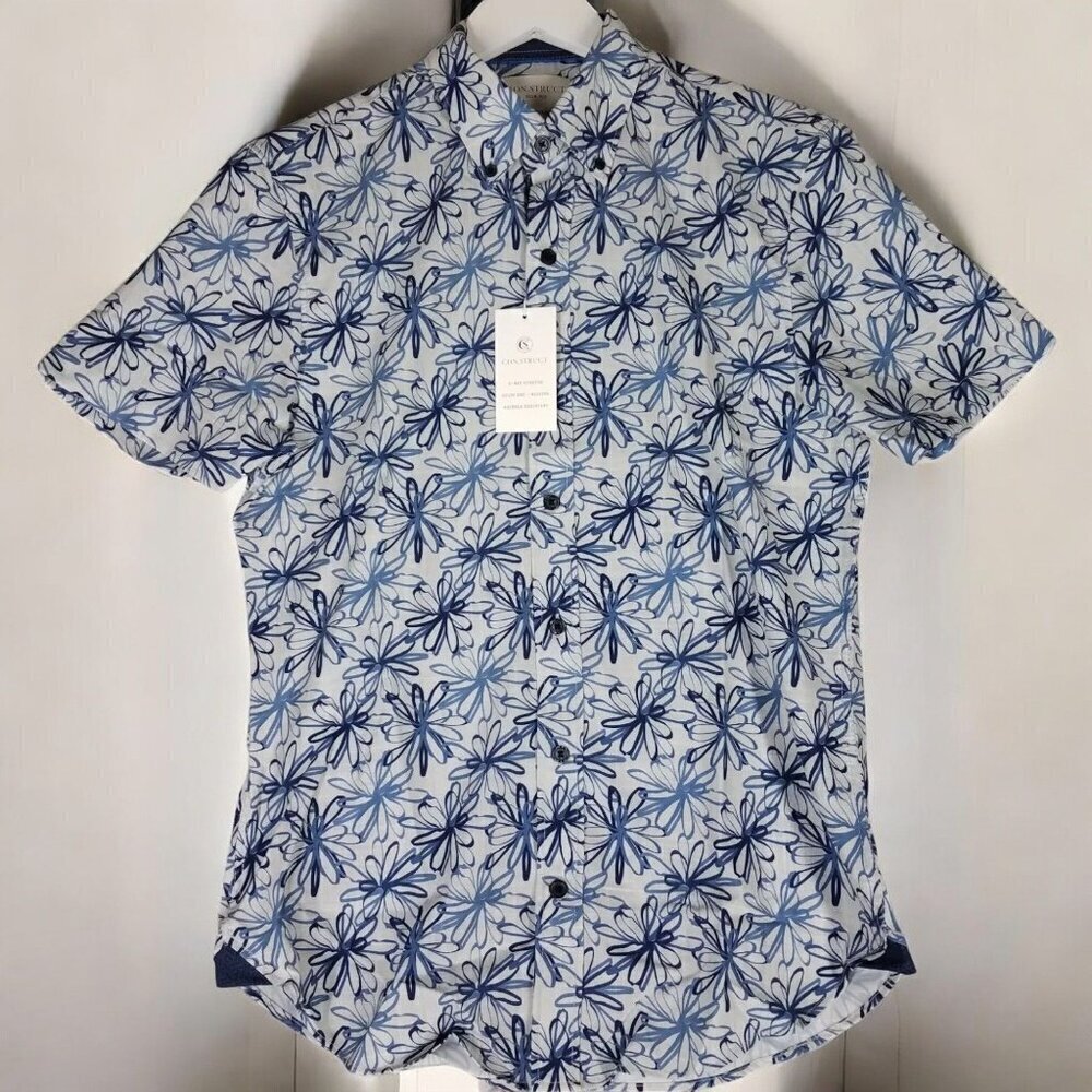 Con.Struct Mens Slim Fit Blue Stretch Floral Print Short Sleeve Shirt NEW Small